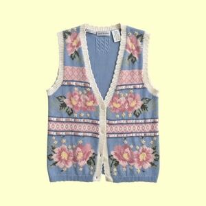 Cottagecore Floral Knit Sweater Vest Blue Pink Hand Embroidered MEDIUM